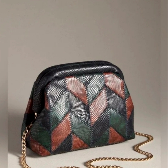 Anthropologie Patchwork Clutch Shoulder Crossbody Bag Metal Chain Strap - Picture 1 of 11